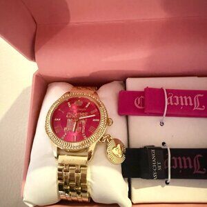 NIB JUICY COUTURE GOLD TONE W HEART CHARM WATCH W 2 JELLY STRAPS
